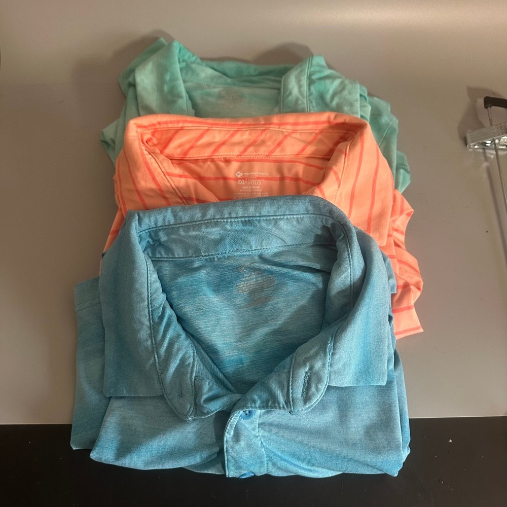 Lot of 3 Member's Mark Men XXL Polo Shirts Blue Orange Teal Striped Short Sleeve